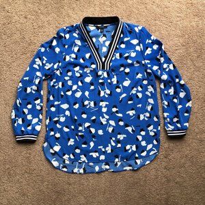 Alfani Blouse Women's Size Medium V Neck, Long Sleeve, Blue/White/Blk Polka Dot
